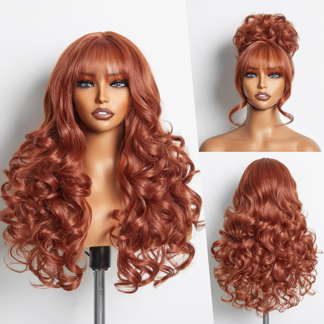 Gorgius Orange Brown Wigs With Bang Body Wave Wigs Long Natural Look Glueless Wavy Wig Crafted With Style-Archive Technology: Pr