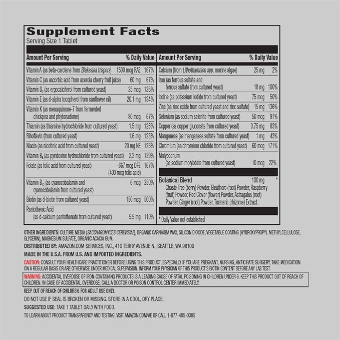 Amazon Elements Women’s One Daily Multivitamin, 59% Whole Food Cultured, Vegan, 65 Tablets, 2 Month Supply (Packaging May Vary) (Pack of 2)