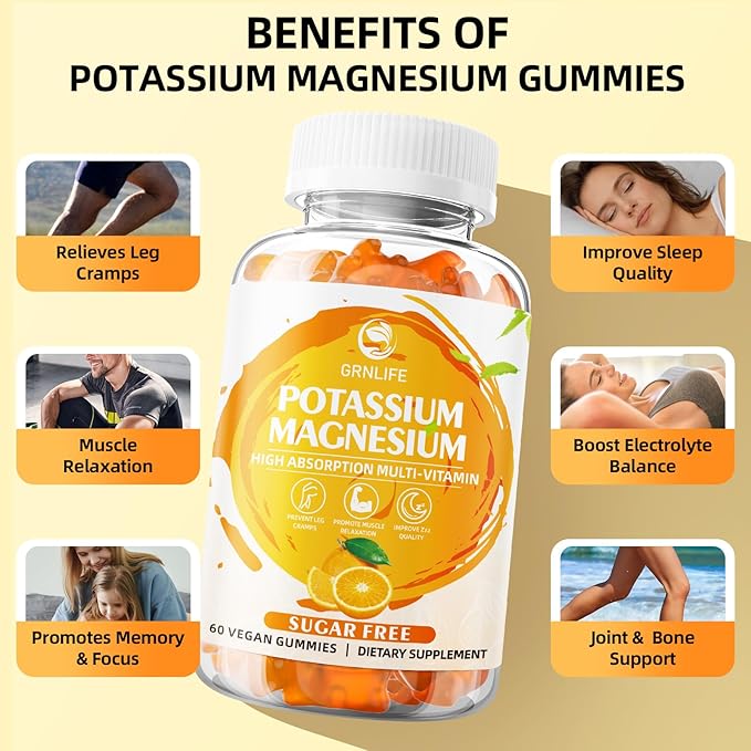 Potassium Gummies for Adults, Potassium Magnesium Supplement for Leg Cramps & Immune Health, Sugar-Free, Vegan Orange Flavors-120 Count