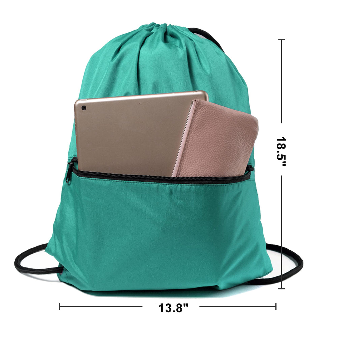 BeeGreen Teal Drawstring Backpack with Front Zipper Pocket and Inner Pocket Large 18.5" L x 13.8" W String Sackpack Cinch Sack Gym Sports Workout Athletic Bag For Men Women
