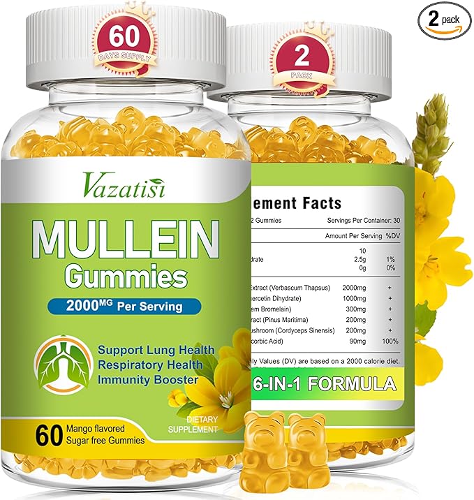 Mullein Gummies, Mullein Leaf Extract with Bromelain, Quercetin, Pine Bark Support Lung Cleanse for Healthy Breathing, 120ct
