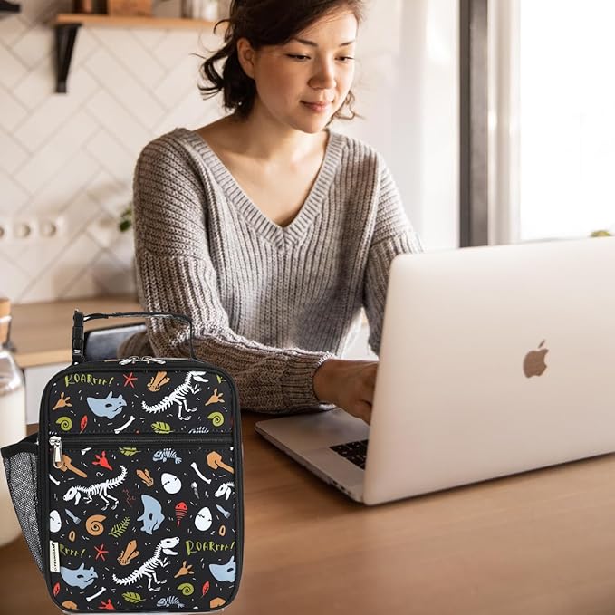 Lunch Box for Kids Boys Girls Men Women, Insulated Small Soft Cooler Lunch Bag Kit for School Work Picnic Travel - Reusable Portable lunchbox, Dinosaur Fossil
