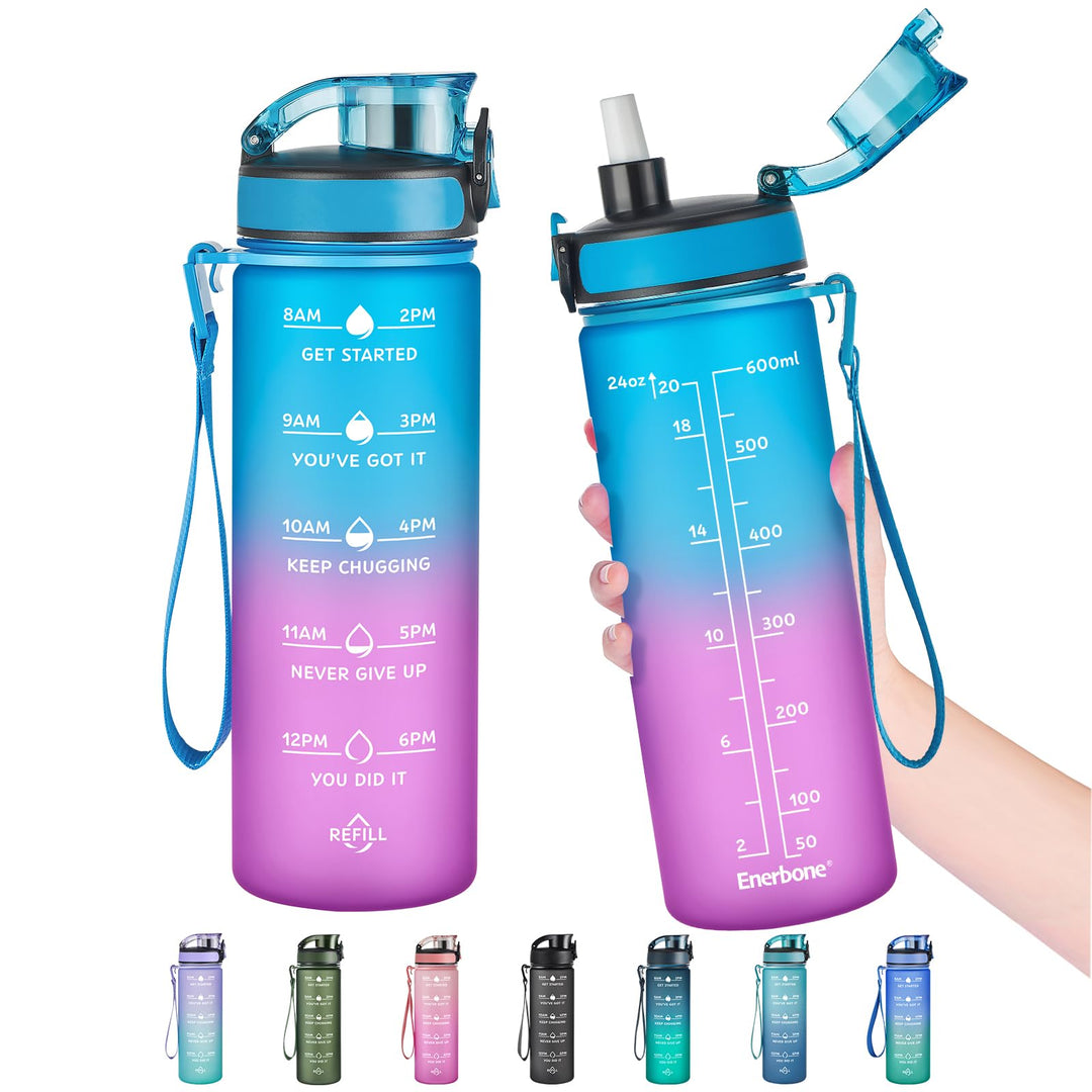 Enerbone 24 oz Water Bottle, Leakproof BPA & Toxic Free, Motivational Water Bottle with Times to Drink and Straw, Fitness Sports Water Bottle with Strap for Office, Gym, Outdoor Sports