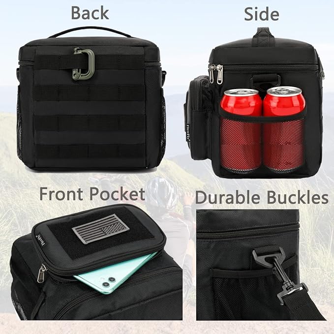 FlowFly Tactical Lunch Bag Large Insulated Lunch Box Cooler Tote for Men, Women with MOLLE/PALS Webbing (Black, Large)