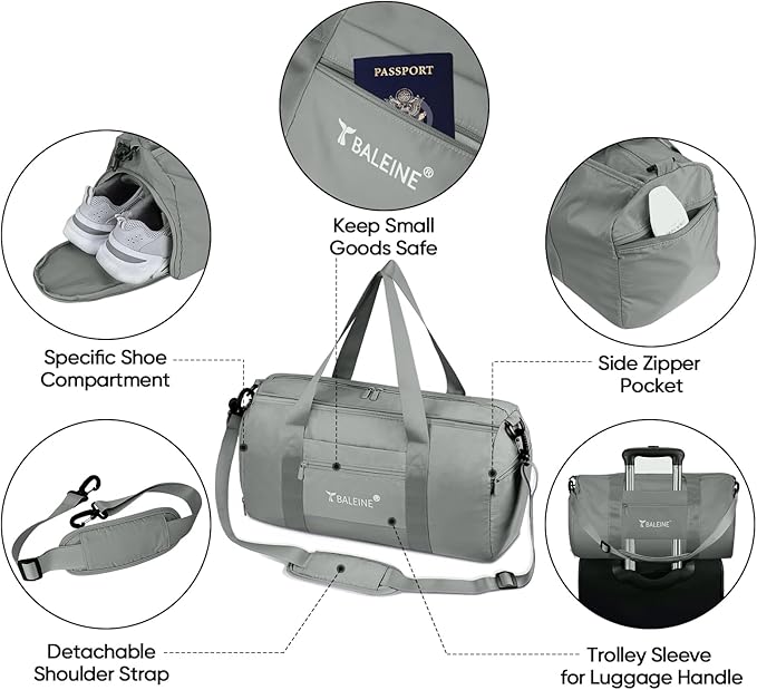 BALEINE Gym Bag for Women and Men, Small Duffel Bag for Sports, Gyms and Weekend Getaway, Waterproof Dufflebag with Shoe and Wet Clothes Compartments, Lightweight Carryon Gymbag (Silver)