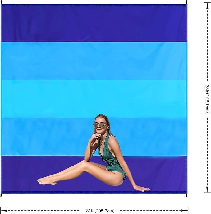 Beach Blanket Sandproof Extra Large Beach Mat Adults Waterproof Quick Drying,Big & Compact Sand Free Mat,Lightweight & Durable with 4 Stakes for Travel Camping Hiking Picnic (Bule-Mixed)