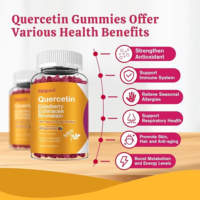 Quercetin Gummies with Bromelain, Elderberry, Echinacea, Vitamin C D Zinc - Immune System Support 60 Counts Pure Quercetin Gummies for Kids & Adults