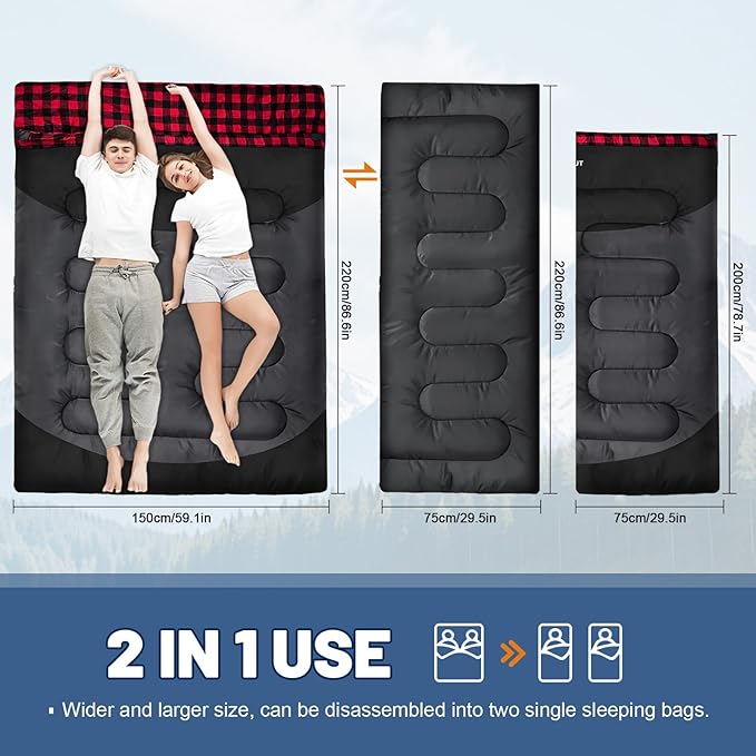 Cotton Flannel Double Sleeping Bag for Adults Machine Washable 2 Person Camping Sleeping Bag Queen Size Waterproof with Compression Sack for Cold Weather 3-4 Seasons