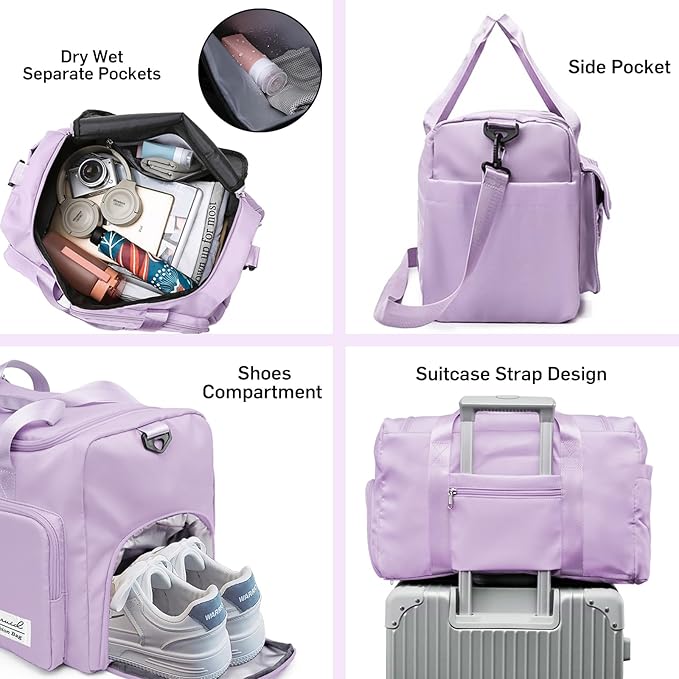 Travel Duffel Bag with Shoes Compartment Sports Gym Bag with Dry Wet Separated Pocket for Men and Women, Overnight Bag Weekender Bag Training Handbag Yoga Bag - Purple