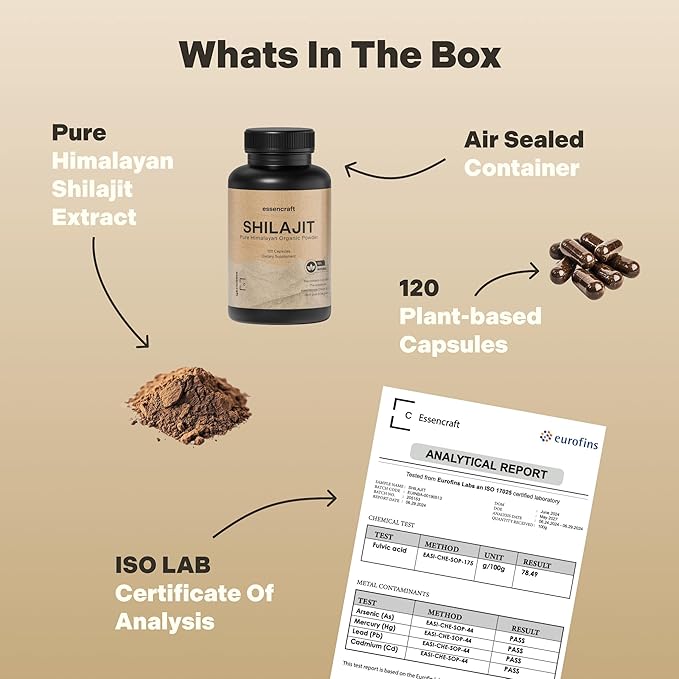 Organic Himalayan Shilajit Resin Extract - 1000mg Max Potency, Lab Tested Pure Shilajit for Men & Women, 85+ Trace Minerals Fulvic Acid, Immune Support, Energy, Cognition, 2 Month Supply, 120 Capsules