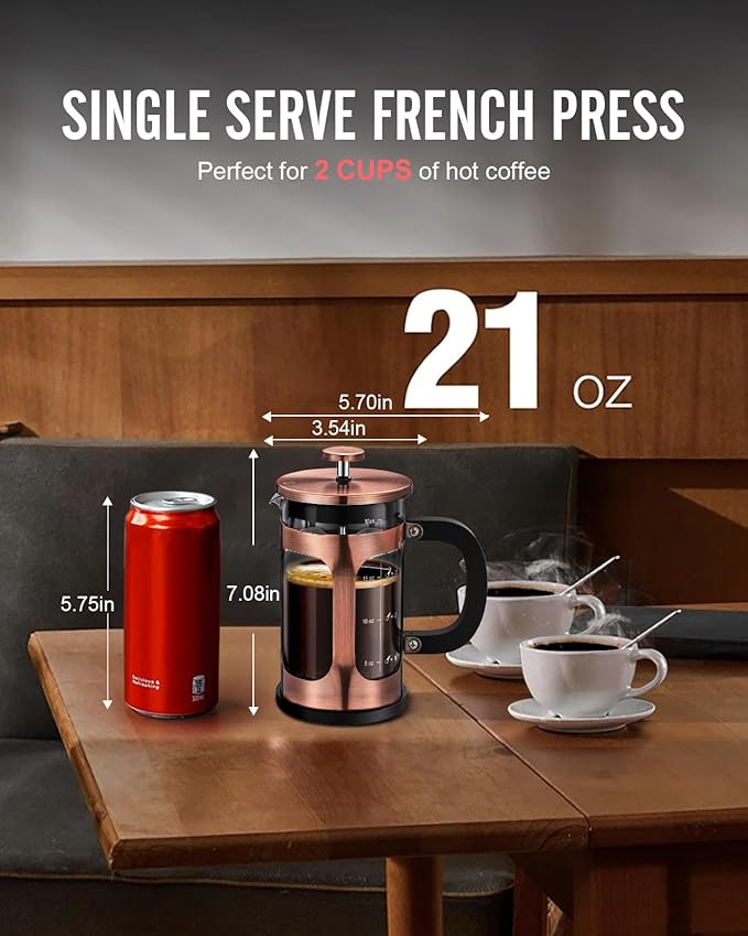 BAYKA 21 Ounce 0.6 Liter French Press Coffee Tea Maker Small, Heat Resistant Thickened Borosilicate Glass Stainless Steel Single Serve Brewer, Cold Brew Cafetera Teapot, Copper