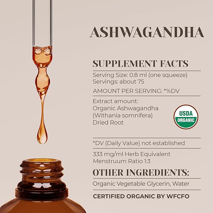 Ashwagandha USDA Organic Alcohol-Free Extract | Dietary Supplement, High-Potency Tincture | Natural Certified Organic Ashwagandha (Withania Somnifera) Dried Root (2 oz)