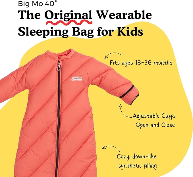 Big Mo 40° Kids Sleeping Bag (Ages 18-36m). The Coziest, Funnest Camping Sleeping Bag for Kids with Adjustable Cuffs.