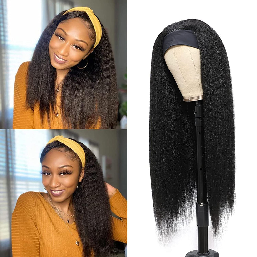 Vligcor 12Inch Kinky Straight Headband Wigs For Black Women None Lace Synthetic Hair Headband Wigs Long Yaki Straight Wigs Natur