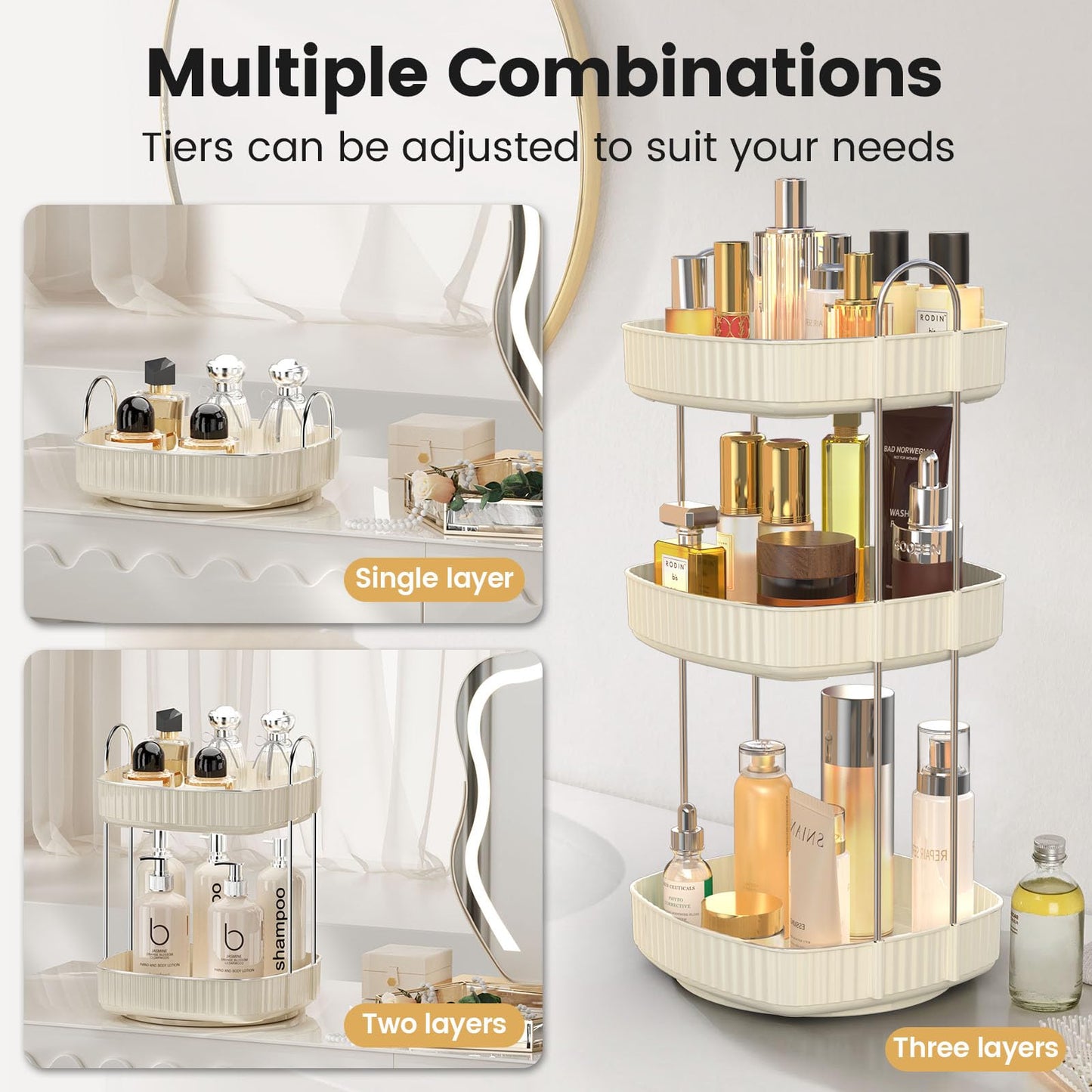 Accwork Rotating Makeup Organiser, 3 Tiers Spinning Cosmetics Storage Organiser Perfume Stand for Bathroom, Bedroom, Dressing Table, White