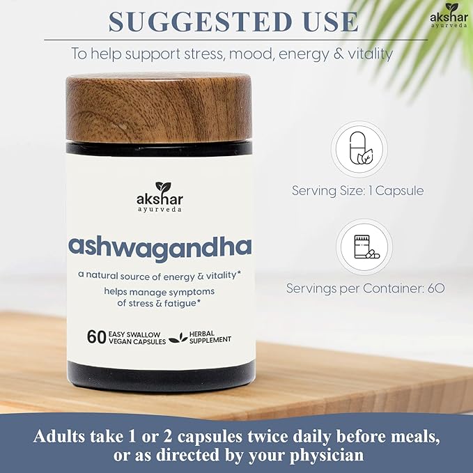 AKSHAR Ayurveda - Ashwagandha Capsules with Ashwagandha Root Extract and Powder - Adaptogenic Herbal Support - Vegan Cruelty-Free Ashwagandha Supplements (60 Count)