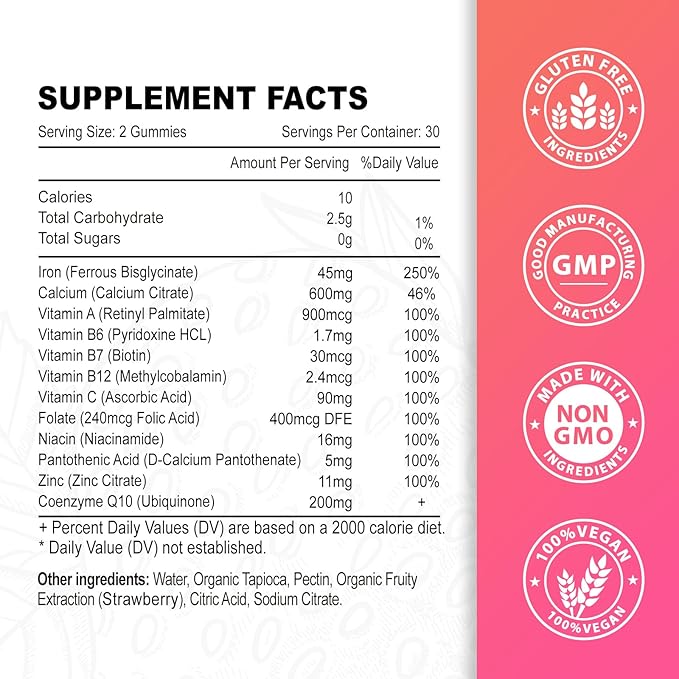 Vegan Iron Supplement Gummies for Women & Men, Anemia, Blood Builder & Energy Support for Iron Deficiency, with Vitamin C, A, B Complex, Folate, CoQ10, Sugar Free, Non-GMO, 60 Count