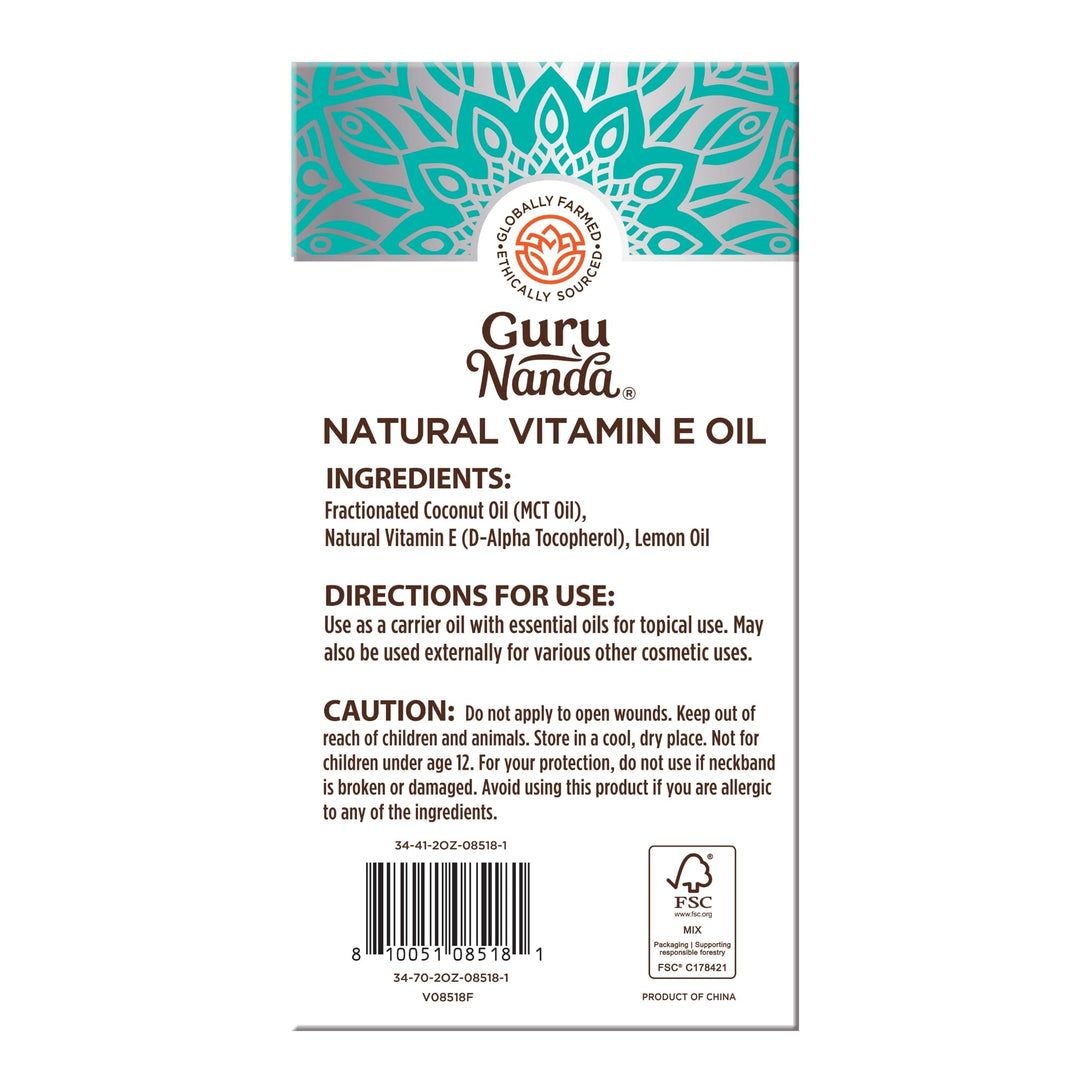 GuruNanda Vitamin E Oil, 2 Fl Oz Pure & Natural, 15,000 IU per Bottle, for Skin, Hair, Face, Nails & Scars, With Coconut Oil to Help Nourish & Moisture, Non-GMO & Vegan