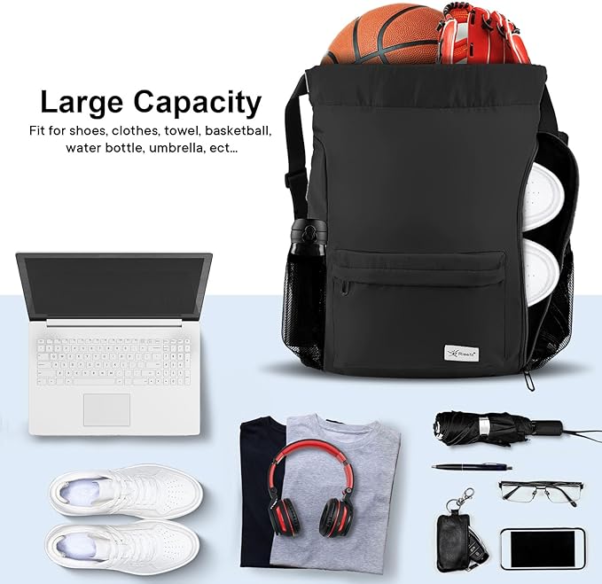 Drawstring Backpack with Mesh Pockets String Gym Bag Sackpack Sandproof Water Resistant Beach Backpack for Men Women