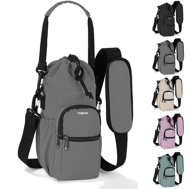 FCQQYWZ 25/32/40 oz Water Bottle Carrier Bag Sling Case, Sports Insulated Crossbody Water Bottle Holder with Adjustable Shoulder Strap and 4 Pockets for Men Women Hiking Camping Travelling (GRAY)