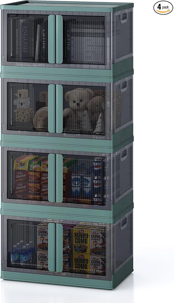 19Gal Collapsible Storage Bins with Lids & Wheels - 4 Pack Stackable with Doors, Heavy-Duty Plastic Containers for Home/Office, Green