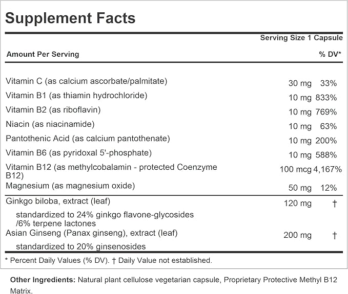 ANDREW LESSMAN Ginkgo 120 Plus Ginseng 200mg - 30 Capsules - Standardized Extract Blend to Support Brain, Memory and Cognitive Function. Adaptogen, Combats Stress and Fatigue. No Additives