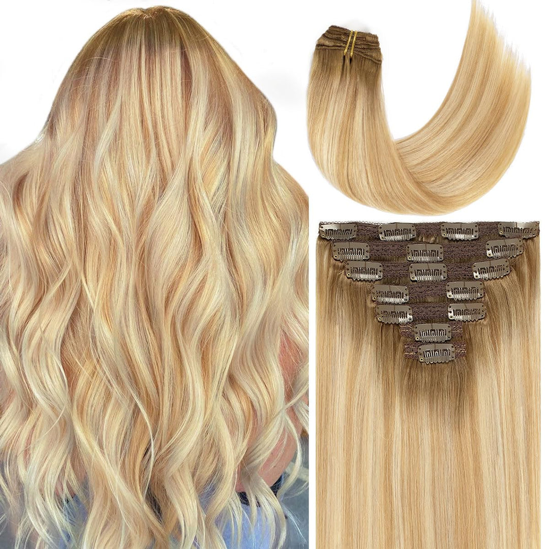 Caliee Hair Extensions Clip In Human Hair 16Inch Invisible Double Weft Lace Clip In Hair Extenisons For Full Head 120G Balayage