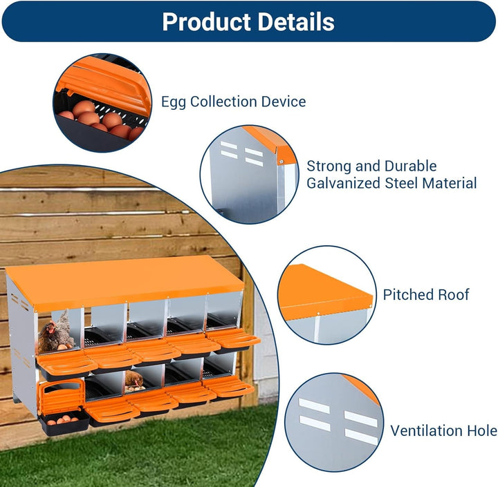 Chicken Nesting Box, 10 Compartments Nesting Boxes for Chickens, Chicken Laying Boxes, Roll Away Nesting Box for Chickens Laying Egg with Lid Cover to Protect Eggs