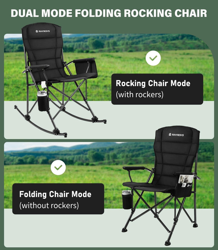 Raynesys Rocking Camping Chair Supports 440 LBS,Outdoor Rocking Chair with Cup Holder & Side Pocket for Patio Lawn,Black