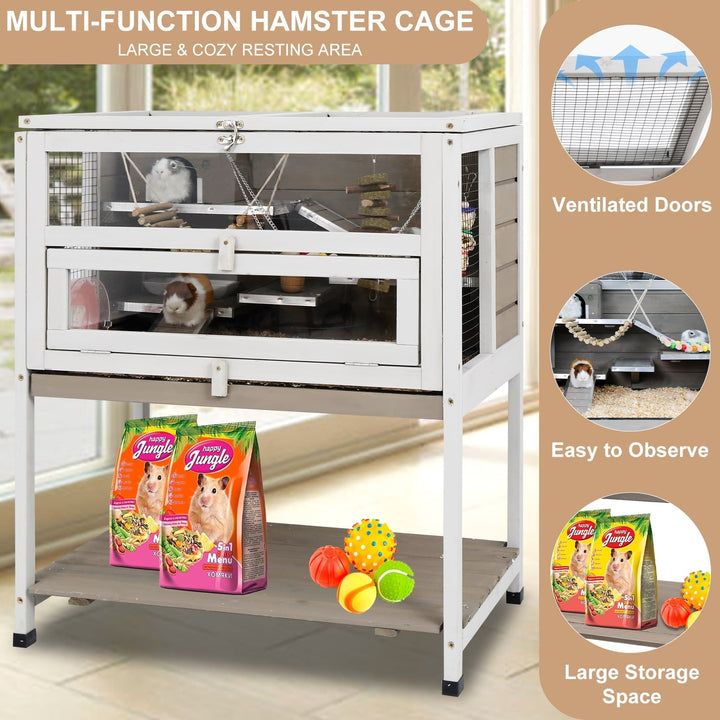 PETSCOSSET 3-Tier Wooden Hamster Cage with Storage Shelf Indoor Outdoor Large Guinea Pig Cage House and Habitat