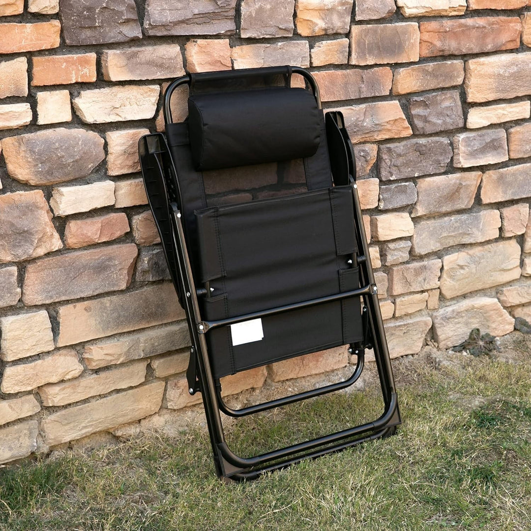 THTGCD Folding Patio Chairs Set of 2, Outdoor Deck Chair with Adjustable Sling Back, Camping Chair with Removable Headrest for Garden, Backyard, Lawn, Black