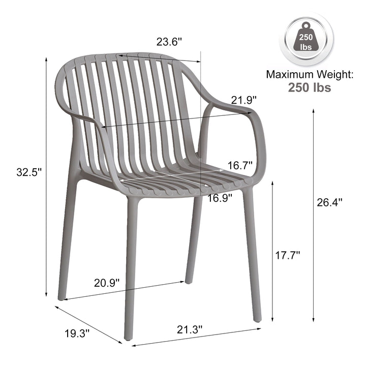 XDECO Stackable Dining Chairs Set, Breathable Modern Indoor/Outdoor Chair with Armrests & Backrest for Patios, Cafes,Home/Commercial Use, 250lbs Heavy Duty, Grey