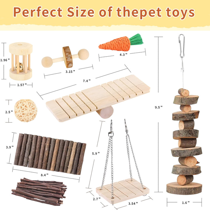 Hamster Chew Toys Rabbit Toys  Guinea Pig Chew Toys Set ,Hamster Molar Toys Teeth Toy ,Swing Seesaw Bridge for Chinchillas Bunnies (wood 58pcs)