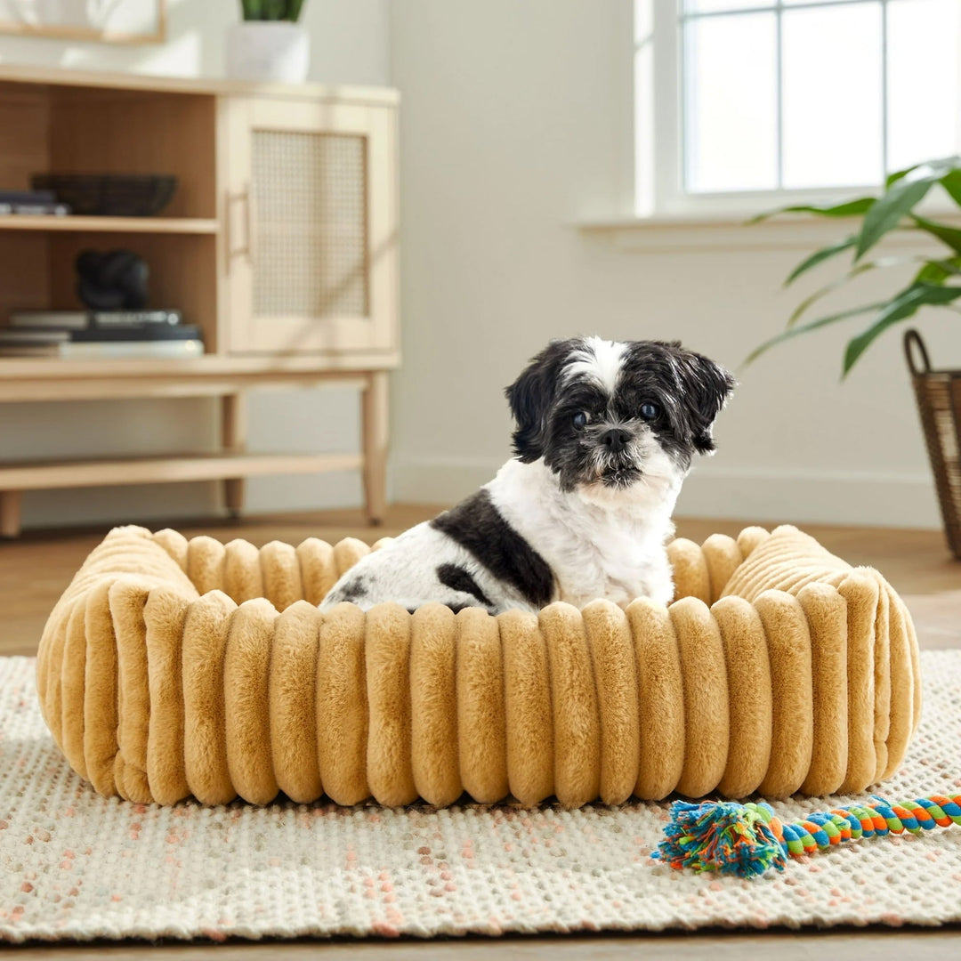 Vibrant Life Thick Cord Pet Bed for Dogs & Cats, Bolster, Thick Cord Plush, Machine Washable, Tan, 27" x 21"