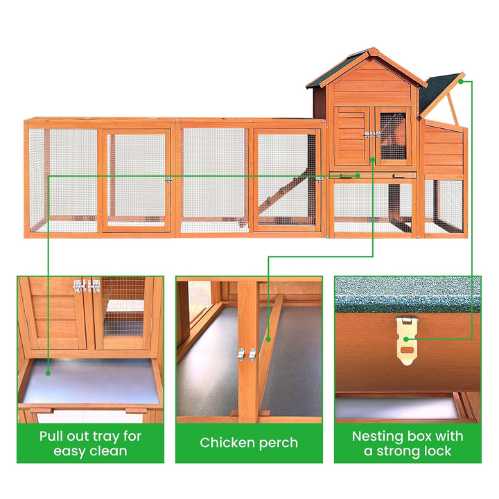 MIDOQIN 122" Wooden Chicken Coop, Large Outdoor Hen House with Nesting Box & Wire Fence Waterproof Poultry Cage