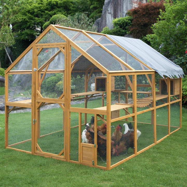 Large Wooden Outdoor Chicken Run, 110" Large Hen Run House, Chicken Coop Upgrade Waterproof Cover