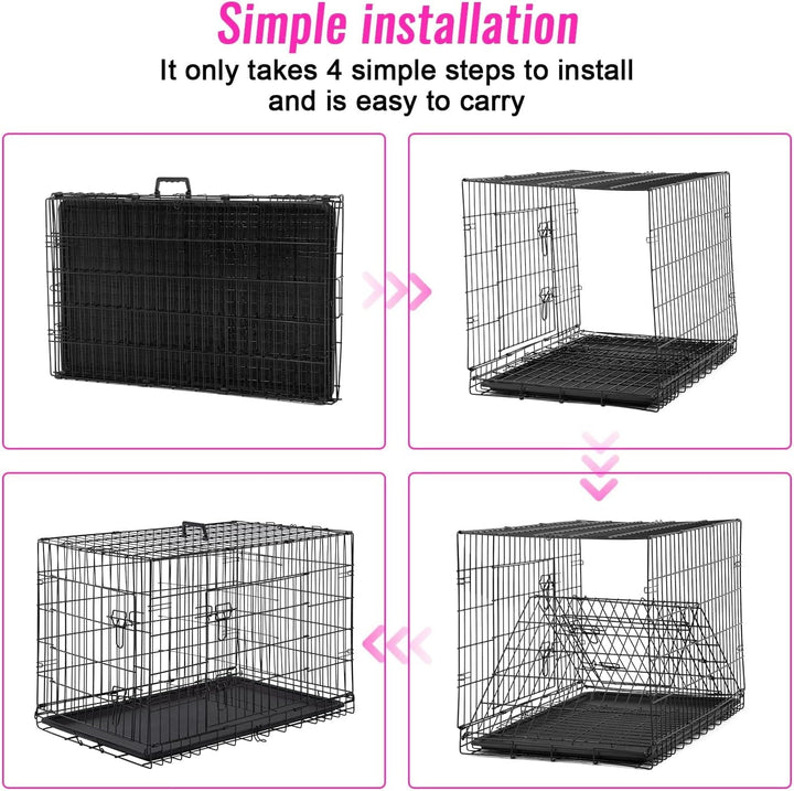 FDW 48 inch Foldable Metal Dog Crate for Large Dogs, Double Door, Divider, Removable Tray(Black)