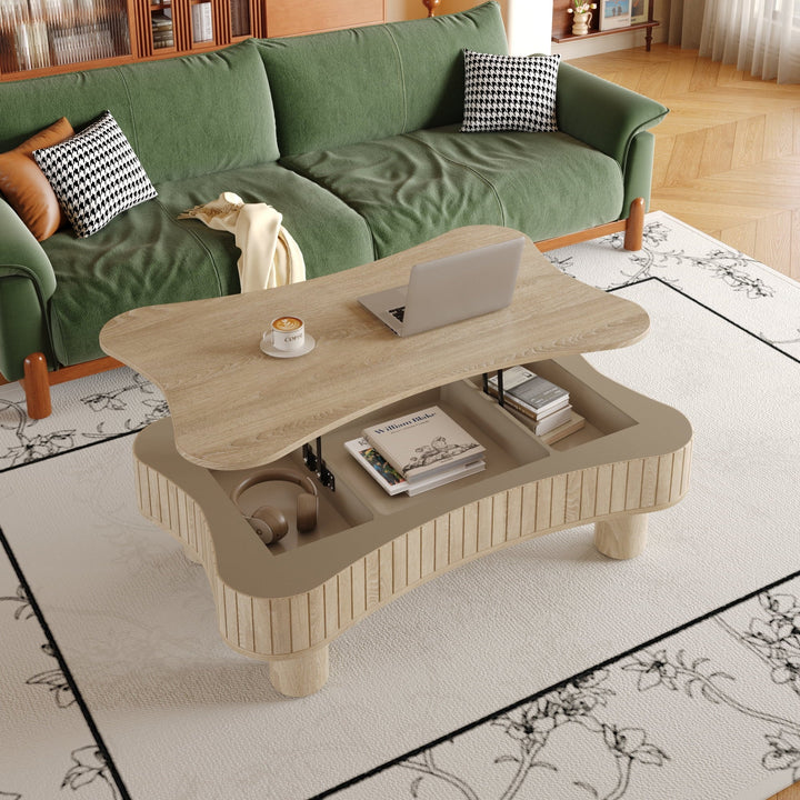 Lift Top Coffee Table for Living Room 42" - Fluted Panel Hidden Storage, Silent Hydraulic Lift, Curved Safety Corners, 5 Min Assembly (27"W X 13-18.9"H,Antique Natural)