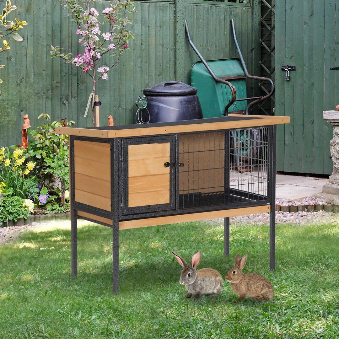 Rabbit Hutch Elevated Bunny Cage Small Animal Habitat with Metal Frame, No Leak Tray, Mtetal Wire Pan and Openable Water-Resistant Asphalt Roof for Indoor/Outdoor Natural Wood