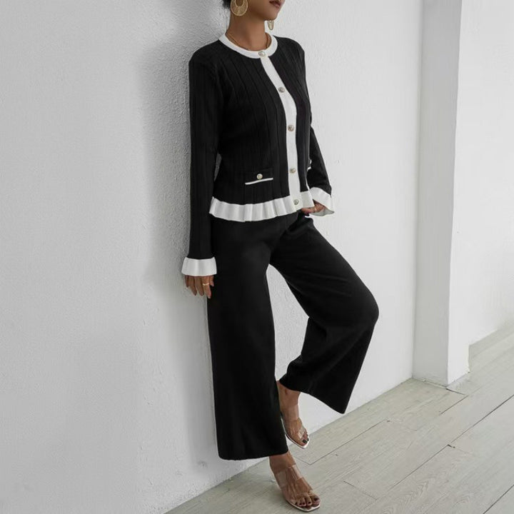Flared Long Sleeve Knitted Cardigan Suit