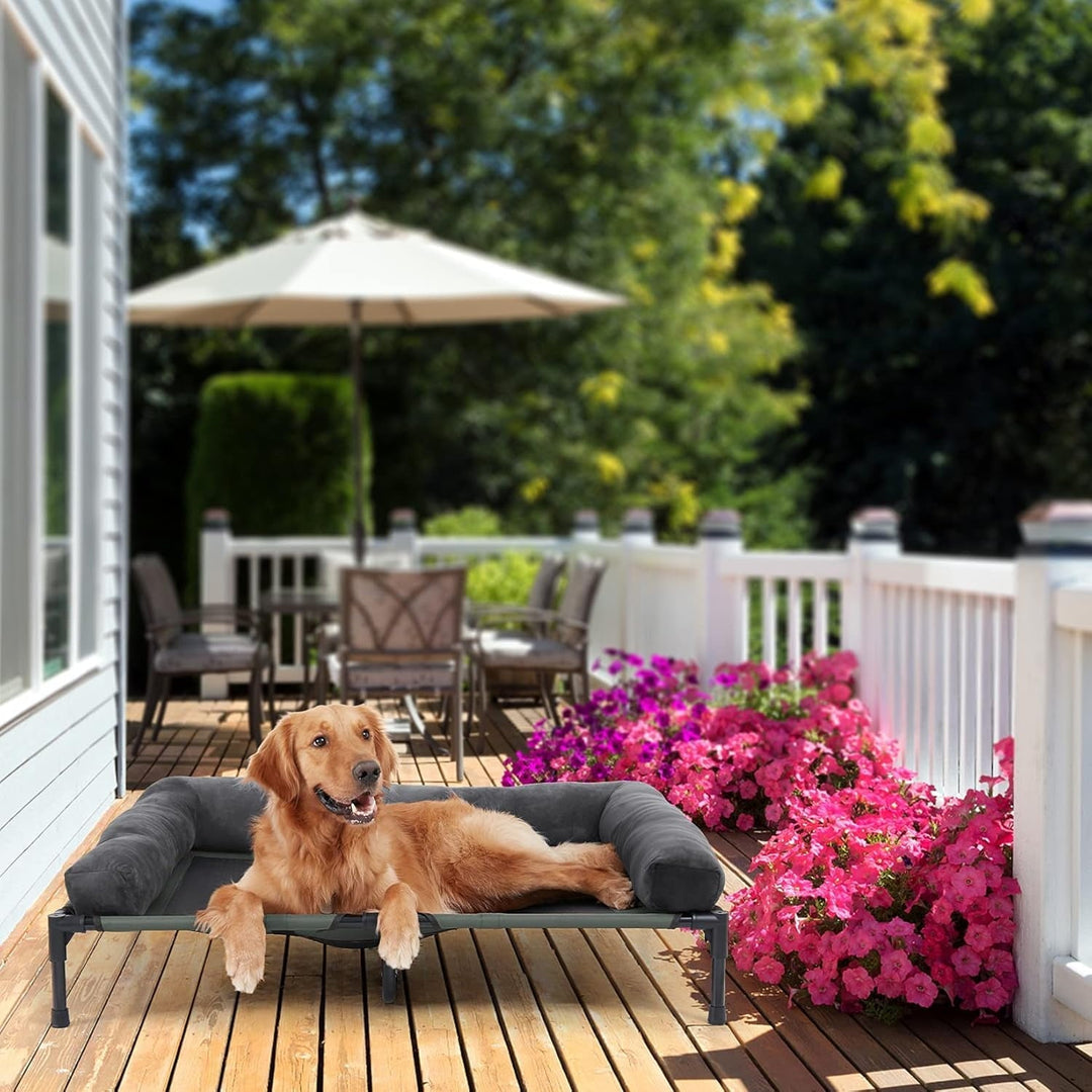 Elevated Large Dog Bed : Raised Pet Mesh Cooling Cot with Breathable Soft Mat - Doggie Outdoor Camping Hammock Portable with Removable Bolster for Outside Pool Side and Garden