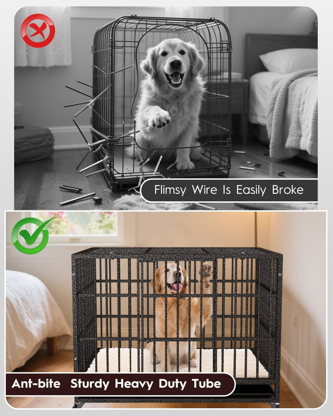 Petorldog 48" Heavy Duty Dog Crates for Large Dogs, Indestructible Escape Proof Kennel, Upgraded Reinforced Baseplate, Lockable Wheels, Spacious Capacity
