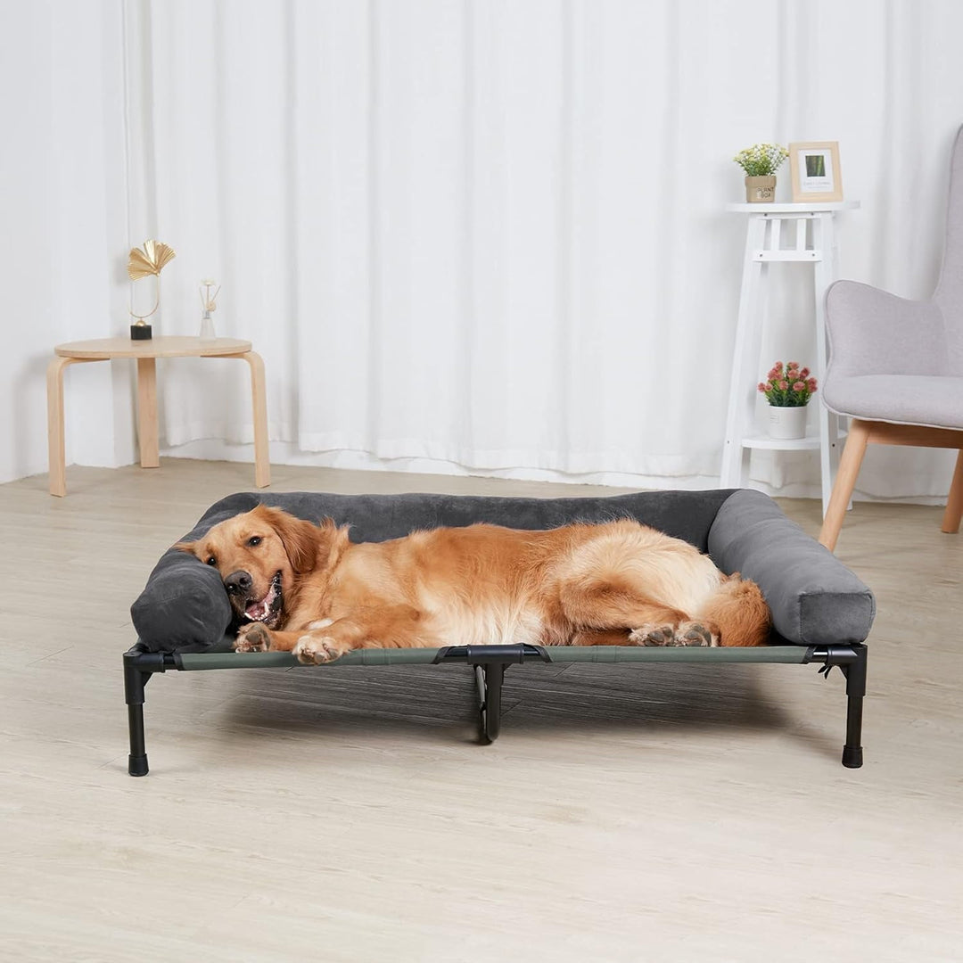 Elevated Large Dog Bed : Raised Pet Mesh Cooling Cot with Breathable Soft Mat - Doggie Outdoor Camping Hammock Portable with Removable Bolster for Outside Pool Side and Garden