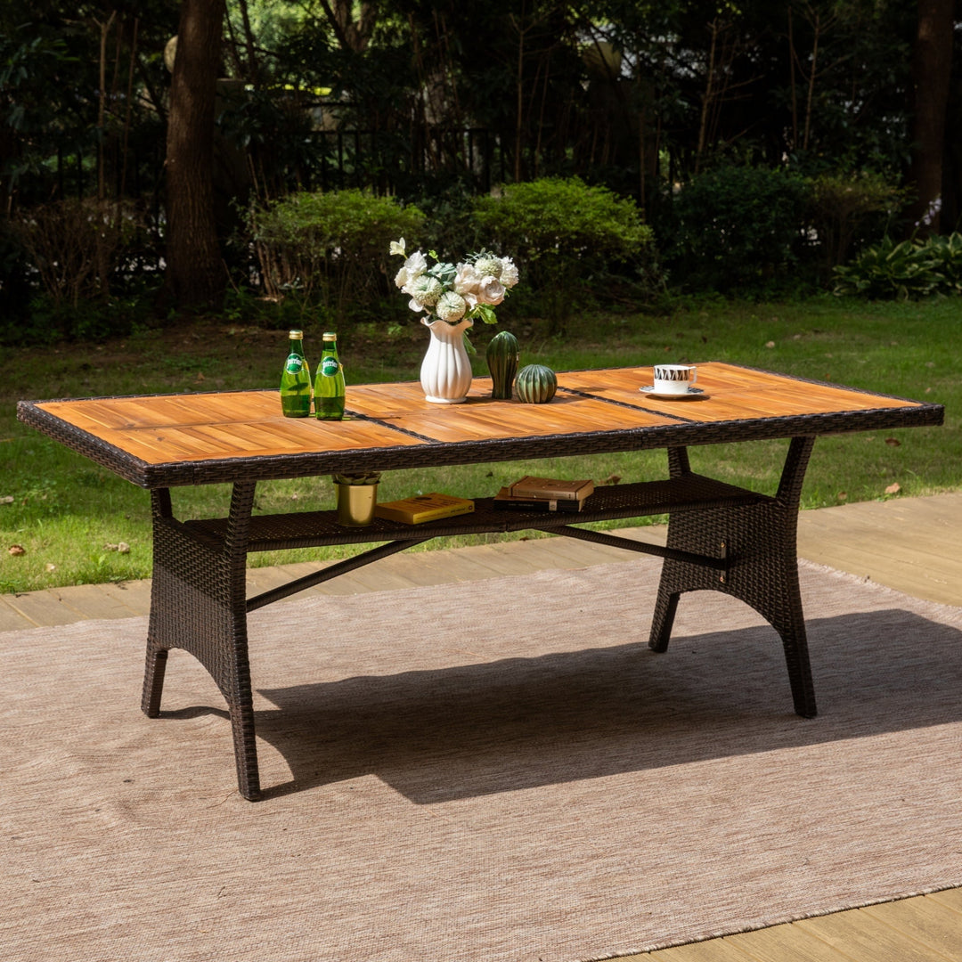 MF Studio 74.8" Patio Table with Acacia Wood Tabletop, 8-Person All-Weather Rattan Outdoor Dining Table, Brown
