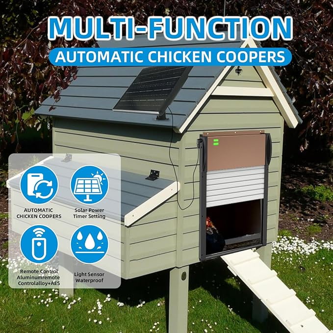 Automatic Chicken Coop Door Solar Powered with Timer, Programmable Light Sensor Openers with Remote Control, Anti-Pinch Aluminum Auto Chicken Coops Doors with 5 Modes for Farm, Outdoor, Yard, Brown