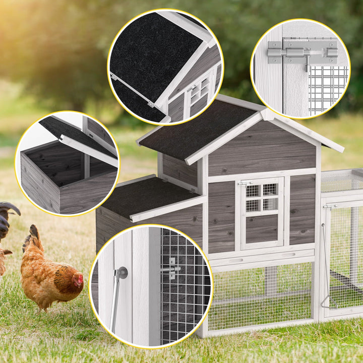 Outdoor Chicken Coop With Run Chicken Runs For Yard w/ Egg Box & Cover Wooden Hen House Rabbit Hutch w/ Tray, Gray
