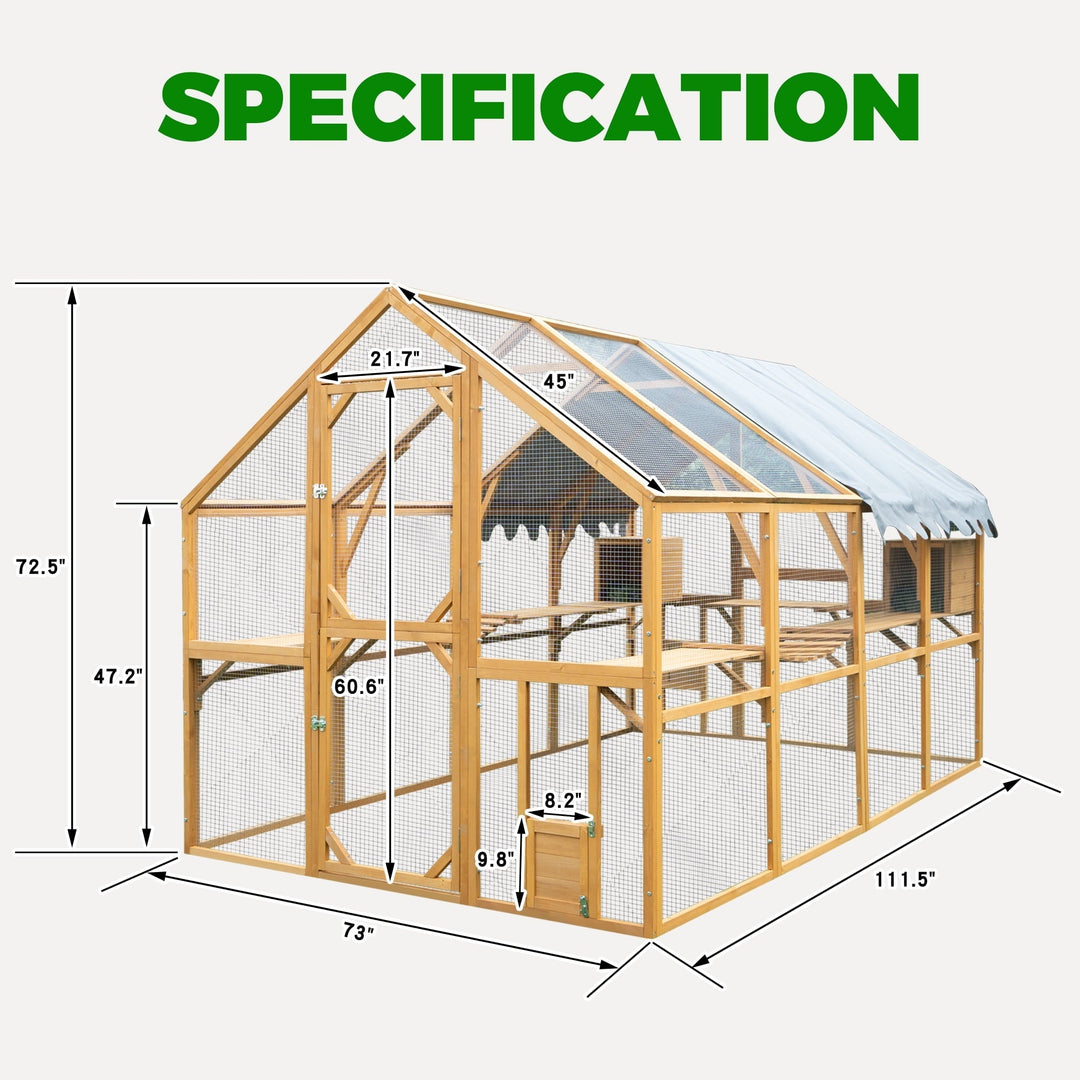 Large Wooden Outdoor Chicken Run, 110" Large Hen Run House, Chicken Coop Upgrade Waterproof Cover
