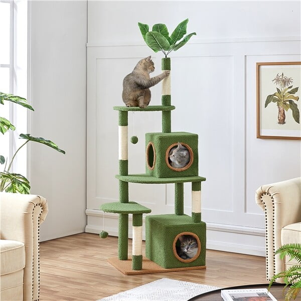 Cat Tree Tower with Palm Leaf Fluffy Balls Scratching Posts Cat Furniture 59inch
