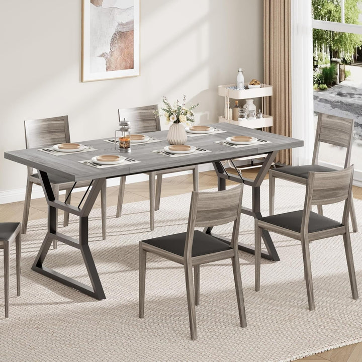 Farmhouse Dining Table for 6, Rectangular Wood Dining Table, Rustic Kitchen Table with Extra Heavy Duty Metal Legs for Dining Room, Outdoor Table for Party, 70.9 * 29.5 * 29.3 Inch (Grey)