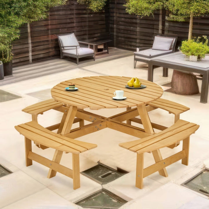 8-Person Round Outdoor Picnic Table with 4 Built-in Benches - Natural Weather Resistant Wood for Garden, Backyard, Patio